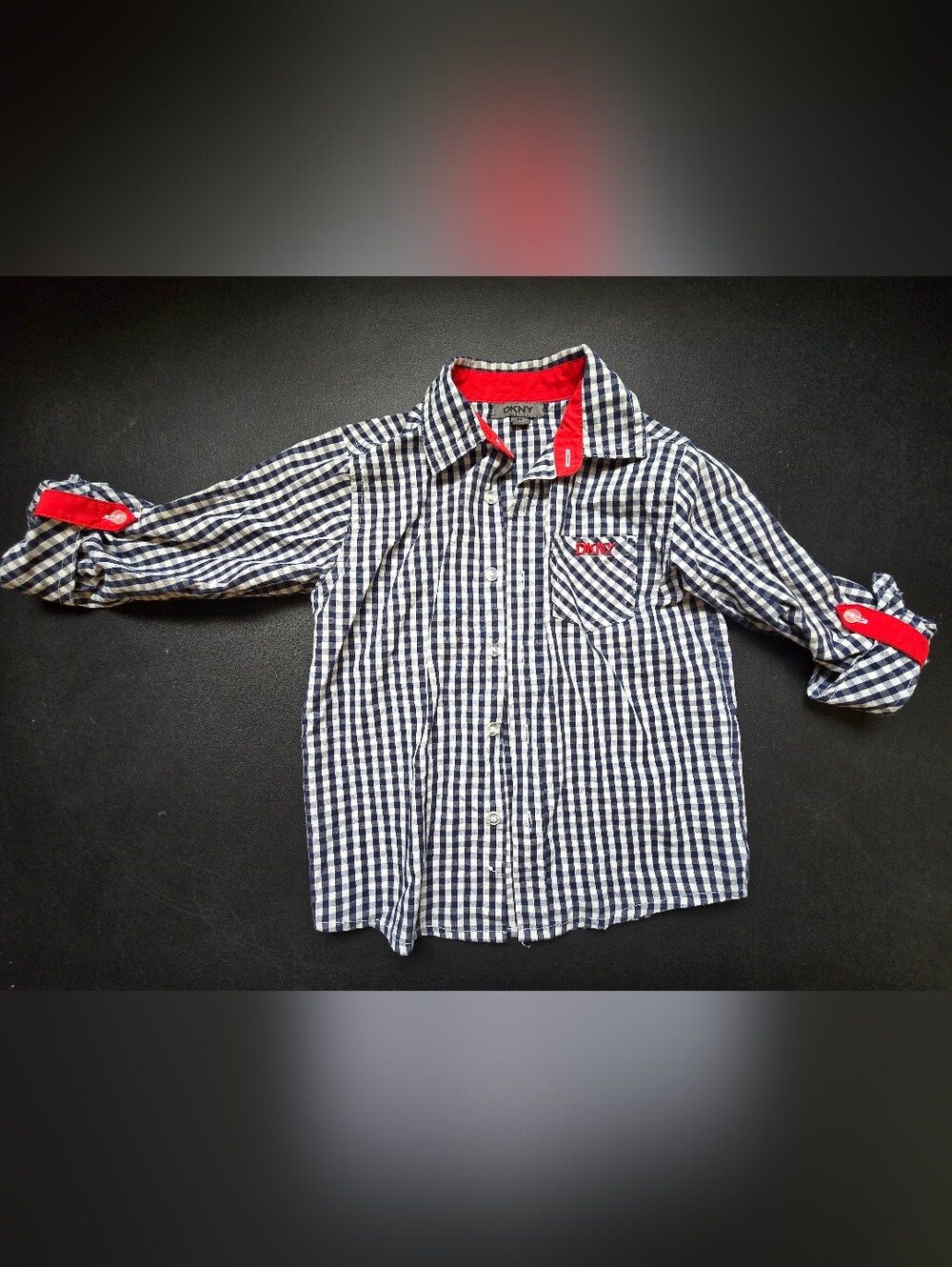 DKNY Navy & White Gingham Button-Down Shirt with Red Trim. Size 4T